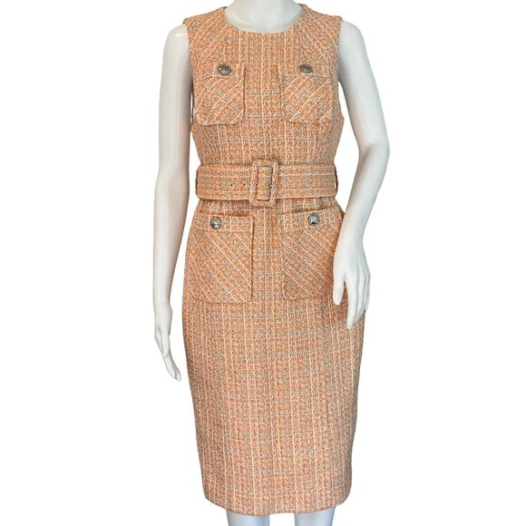 Karen Millen Petite Women's Tweed Belted Pencil Midi Dress Orange Sz